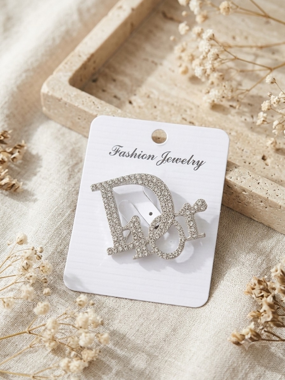 Rhinestone D Statement Brooch - Silver